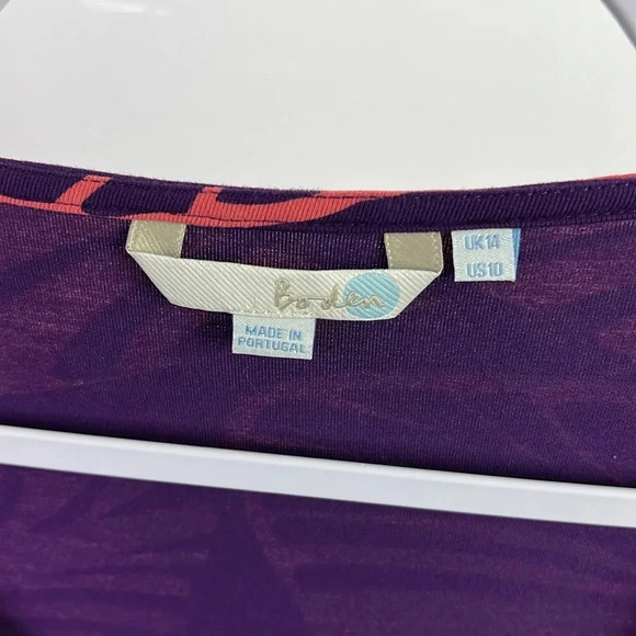 Boden Women's US 10 Purple Orange Leaf Print Quarter Sleeve Elastic Waist Dress - Picture 3 of 10